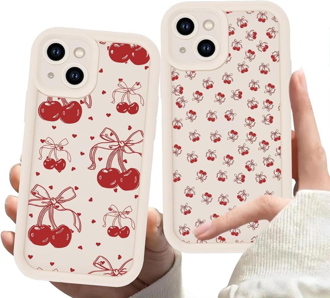 2 Pack Cherry Phone Case for iPhone 13 6.1",Cute Aesthetic Cases Kawaii Bow Design Pattern Cover for Girls Women,Beige Soft Anti-Scratch Shockproof Protection Funda for iPhone 13