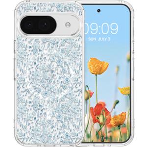 RALEAVO for Google Pixel 9/9 Pro Case Compatible with MagSafe Clear Floral Pattern Design Cute for Girls Women Slim Magnetic Hard Back Shockproof Phone Case for Pixel 9/9 Pro,Blue Flowers