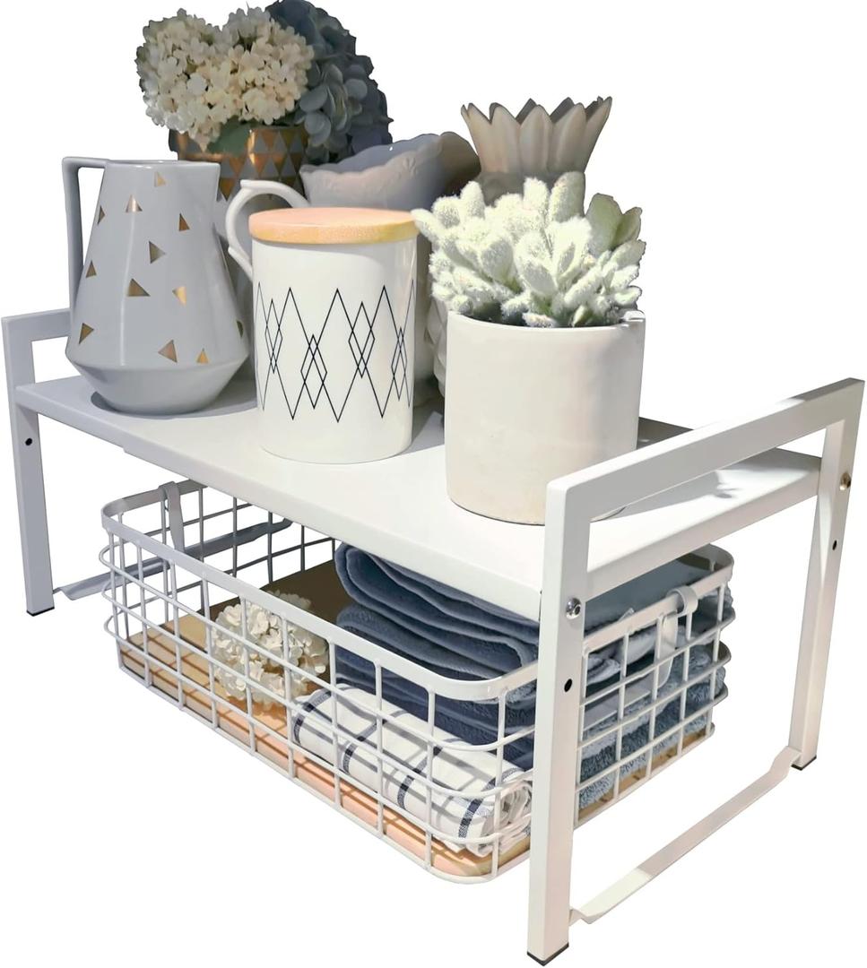Expandable Cabinet Shelf Organizer 16-26" L Stackable Kitchen Counter Shelf Rack Stand Sink Riser Countertop Storage White (Wide 10.6D)