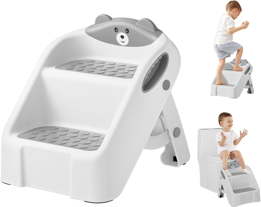 Step Stool for Toddlers, Toddler Step Stool for Bathroom Sink, Foldable Non-Slip Kids Stool with Handle, 2 Step Stools for Kids, Toddler Stool for Kitchen Bedroom Counter Sink (Grey) (Gray)