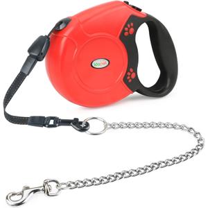 Idepet Heavy Duty Retractable Dog Leash for Small and Medium Dogs, Anti-Chewing Steel Chain Design,360 DegreeTangle-Free,Break and Lock System,26ft Leash Dog Walking (Red, Round Rope)