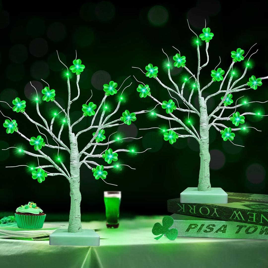 Prelit & Timer - St. Patrick's Day Tree Decorations, 2 Pack 18 Inch Tabletop Lighted Birch Tree with Lucky Shamrocks Lights 24 Green Lights Battery Operated St. Patrick's Day Decoration Indoor Home