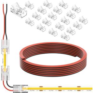 PAUTIX COB LED Connectors for 8mm 2-Pin COB LED Strip Lights,20pcs Strip to Wire Connectors,10ft(305cm) Long 22AWG Extension Wires for Non-Wired Gapless Solderless,5V 12V 24V 2835 LED Strip Lights