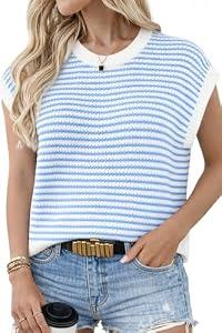 Women’s Striped Knit Sweater Vest Top, Sleeveless Crewneck Chunky Knit Pullover, Casual Loose Fit Lightweight Summer Top (US, Alpha, X-Large, Regular, Regular, Light Blue)