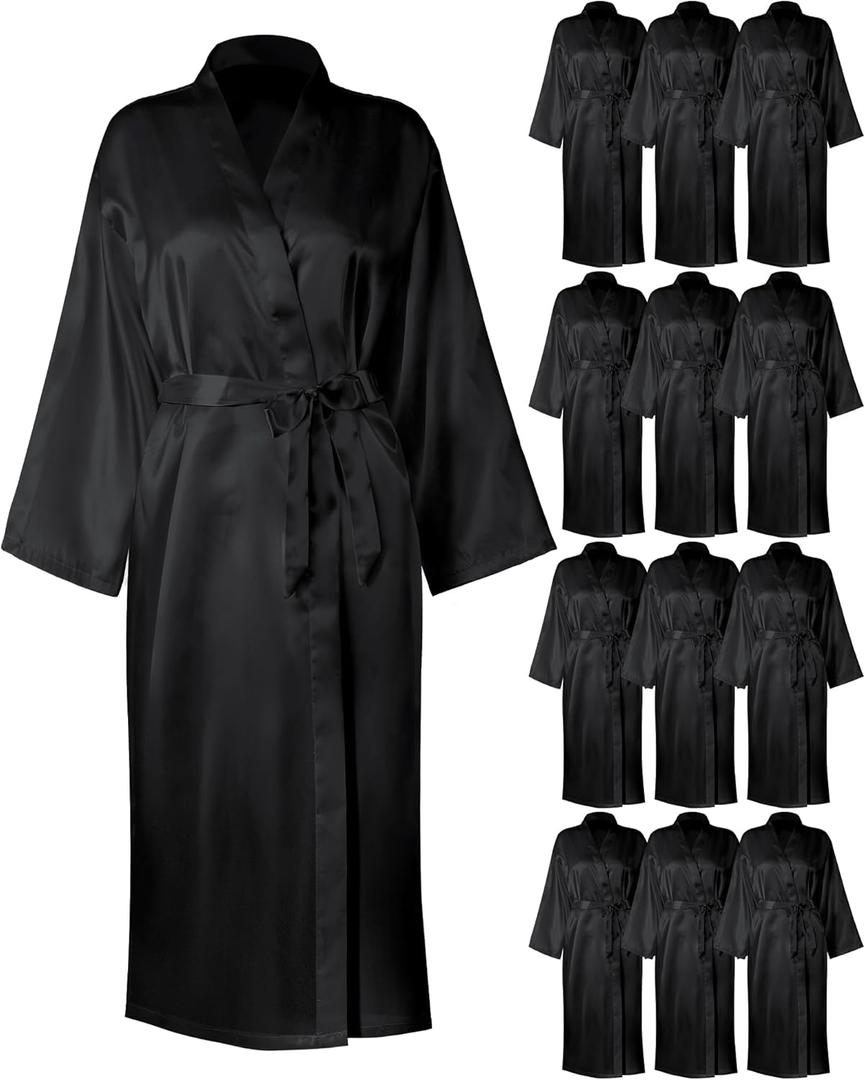 Xtinmee 12 Pcs Women's Long Satin Robes Full Length Sleepwear Silky Bath Robe Kimono Dressing Gown for Wedding Birthday Party , One Size , Black