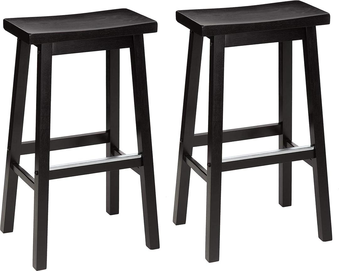 Amazon Basics Solid Wood Saddle-Seat Counter Height Bar Stools for Kitchen Island and Home Bar with Footrest, 29-Inch Height, Black, Set of 2