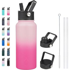 BJPKPK Insulated Water Bottles with Straw Lid, 32oz Metal Large Water Bottle with 3 Lids, Reusable Leak Proof BPA Free Thermo, Stainless Steel Tumblers for Sports, Gym, Travel-Cherry