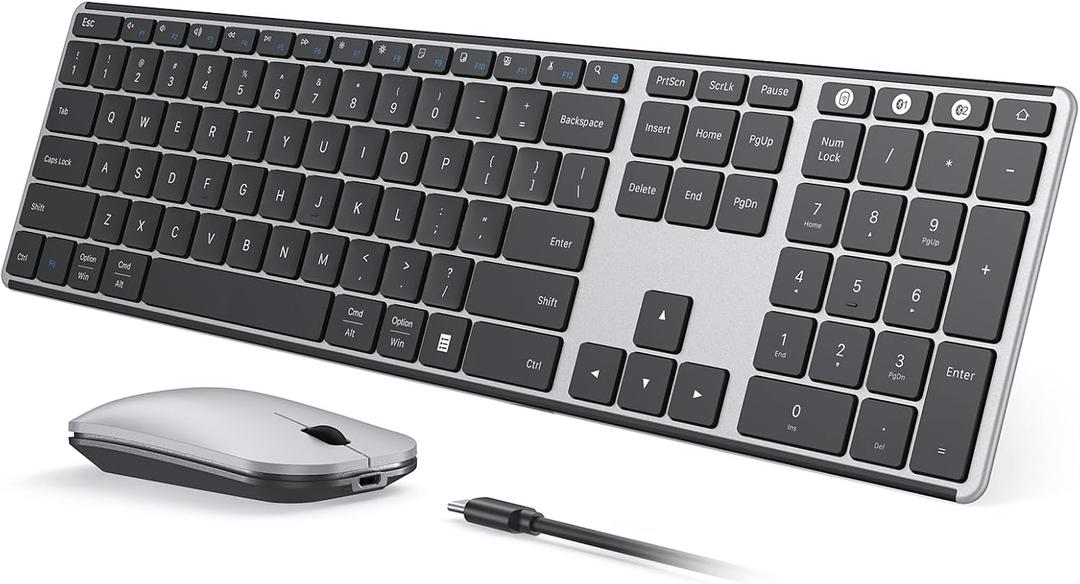 seenda Wireless Bluetooth Keyboard and Mouse Combo, SKM64-3 Rechargeable Slim Quiet Keyboard Mouse, 3 Multi-Device Connection, Compatible for Windows 11/10 PC Laptop Mac MacBook iPad, Black Silver
