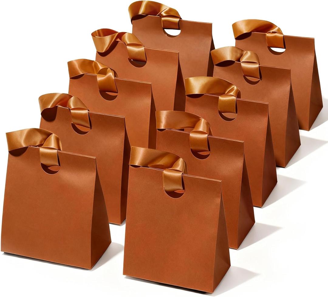 Vitalizart Paper Gift Bags With Ribbon Handles Set of 10 Brown Bulk Reusable For Gift Wrap Girls Kids Birthday Bridal Shower Party Favors Goodie Bags Candy Christmas 5.91"x3.54"x7.28" Small Size