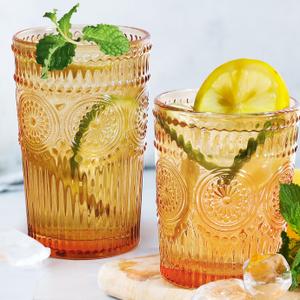 12pcs Vintage Drinking Glasses Set, 12 oz Highball Glasses & 9 oz Embossed Ribbed Glassware Cups for Cocktail, Water, Juice, Coffee, Whiskey (Amber)