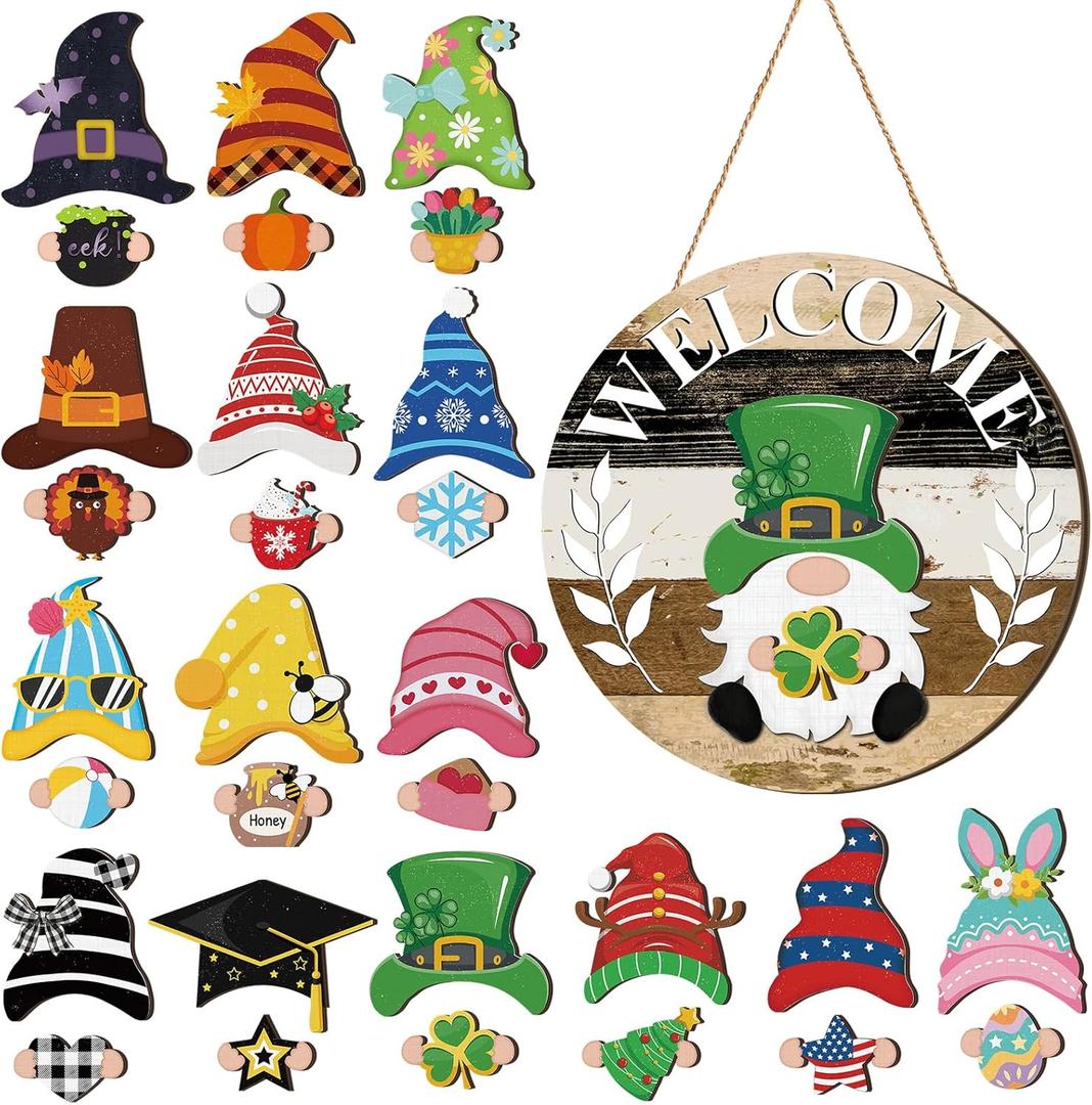 Qunclay Interchangeable Wooden Gnome Decor Holiday Seasonal Gnome Decorations with Magnet Pieces and Detachable Hats Changeable Welcome Sign for Home(Black White Grey)