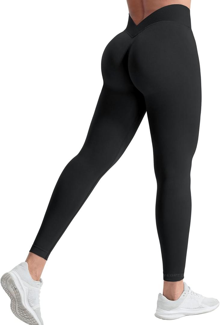 YEOREO Liz Scrunch Workout Leggings for Women High Waisted Butt Lifting V Back Waist Seamless Gym Yoga Leggings (Black, S)