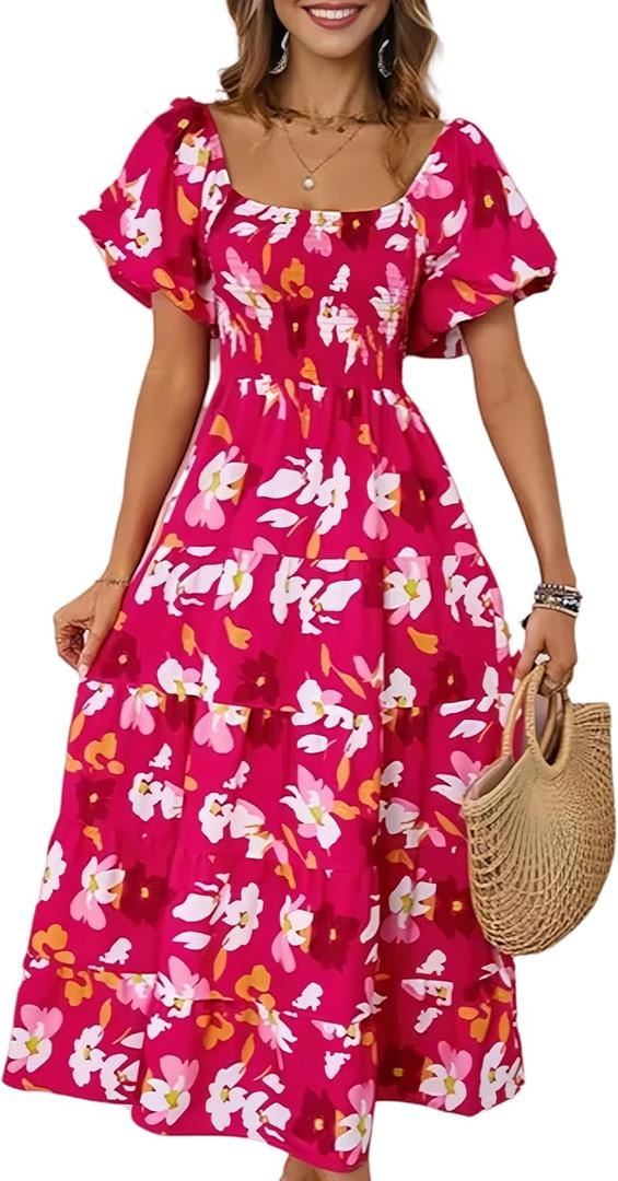 Summer Bright Floral Dress for Women 2025 - Versatile Square Neck or Off-Shoulder with Puff Sleeve for Casual, Beach (Pink, S)