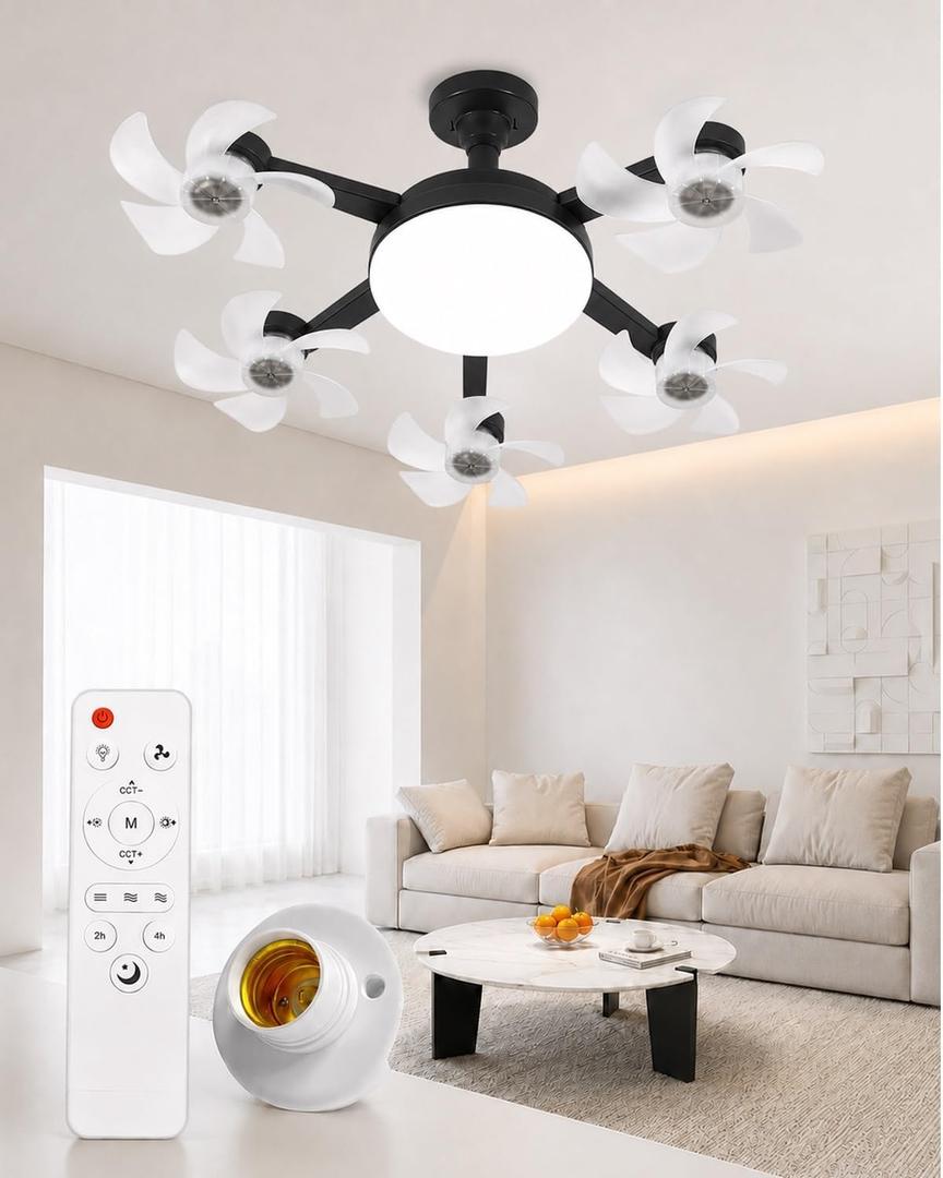 New Ceiling Fan with Lighting and an E27 Light Socket, 2-in-1 Silent LED Drone Fan with Remote Control for Bedroom, Kitchen, Easy Install 3-Speed Dimmable Quiet Screws Bulb, 5Head