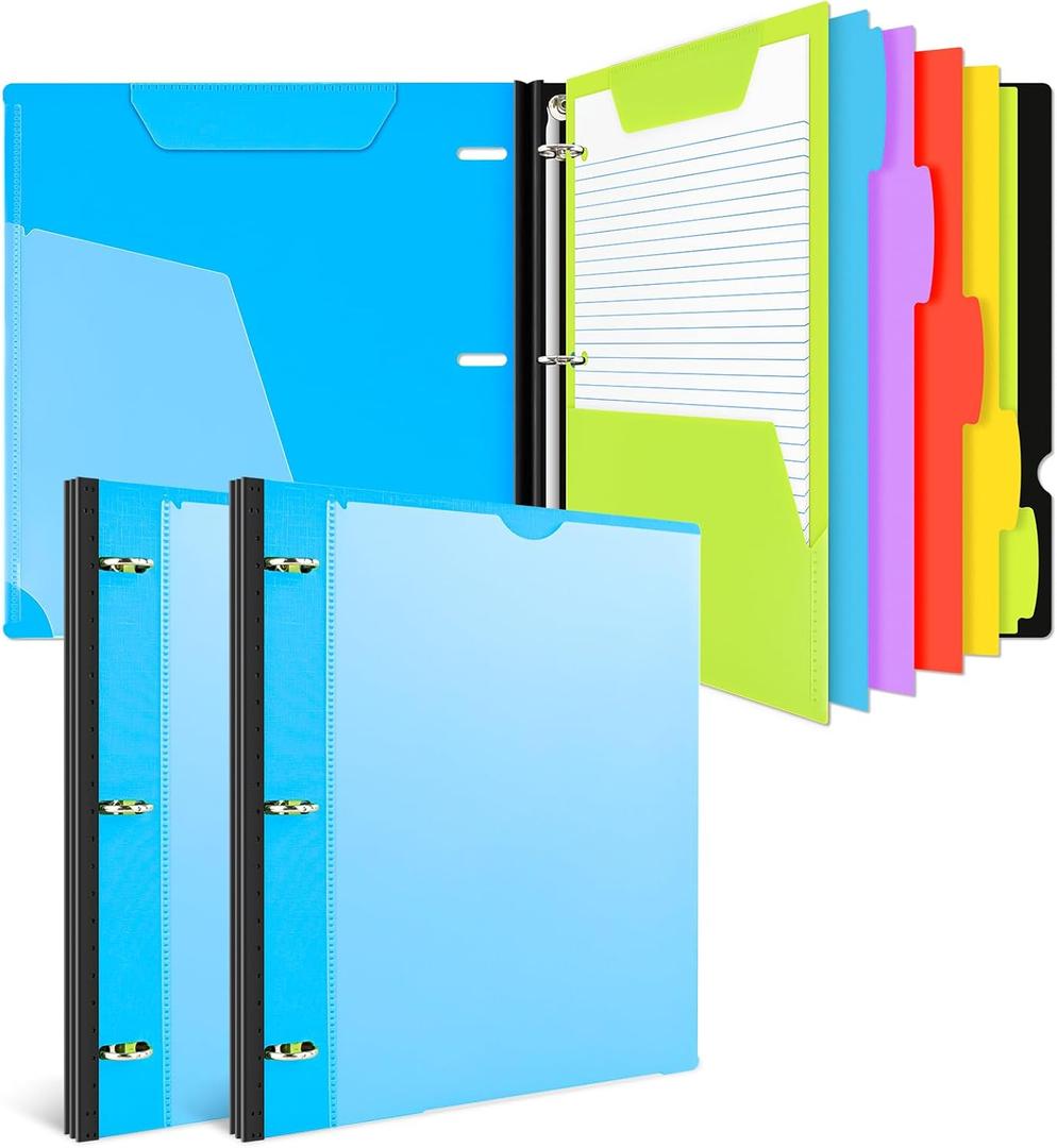 INFUN All-in-one Telescoping Binder Notebook - 2PCS, Refillable 3 Ring Notebook Binder with 1 plastic movable pocket folder,5 plastic subject dividers and graph paper and college ruled paper - Blue