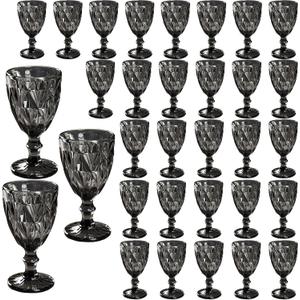 32 Pack Vintage Wine Glasses, Plastic Reusable 12 Ounce Colored Water Goblets, Unique Embossed Pattern Unbreakable Stemmed Wine Glasses, High Clear Wedding Party Bar Drinking Cups Black, 32 Pcs