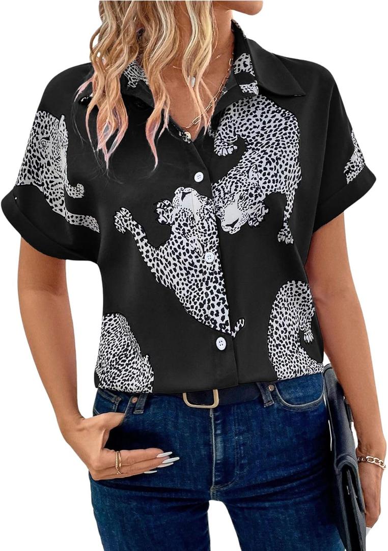 WDIRARA Women's Leopard Print Button Down Blouse Short Sleeve Collared Casual Shirt Top (X-Large, Black White)