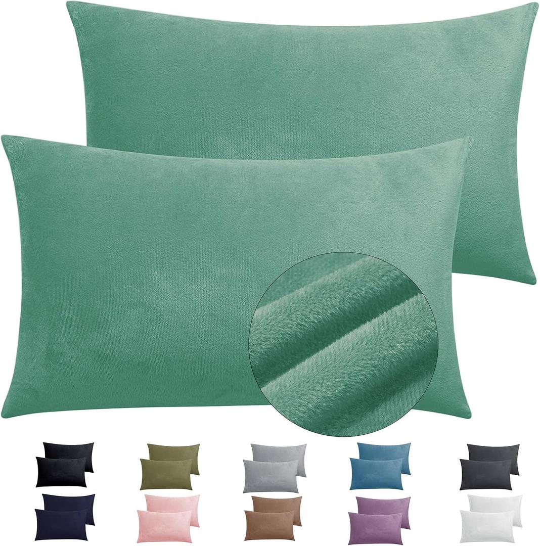 2 Pack Zippered Velvet King Pillowcases, Super Soft and Cozy Luxury Fuzzy Flannel Pillow Cases with Zipper, 20x36 Inches, Green