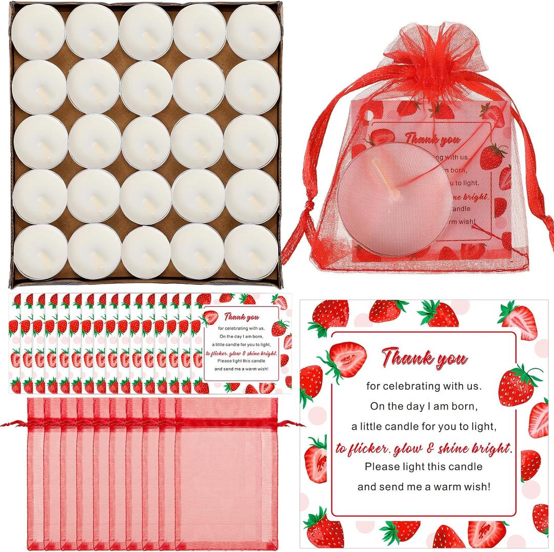 Kosiz 150 Pcs Strawberry Baby Shower Favors 50 Pcs Tea Light Candles for Guests Cute Baby Shower Candle with 50 Pcs Thank You Tags 50 Pcs Return Gift Bag for Girl Gender Reveal Party Favor