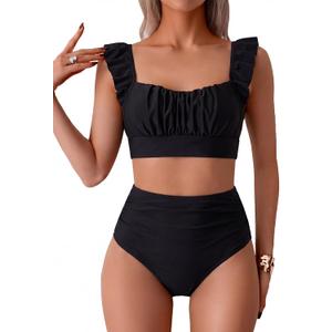 Women's Two Piece Swimsuits, High Waisted Ruffle Strap Tummy Control Bathing Suit Ruched Full Coverage Bikini Sets (Black, XL)