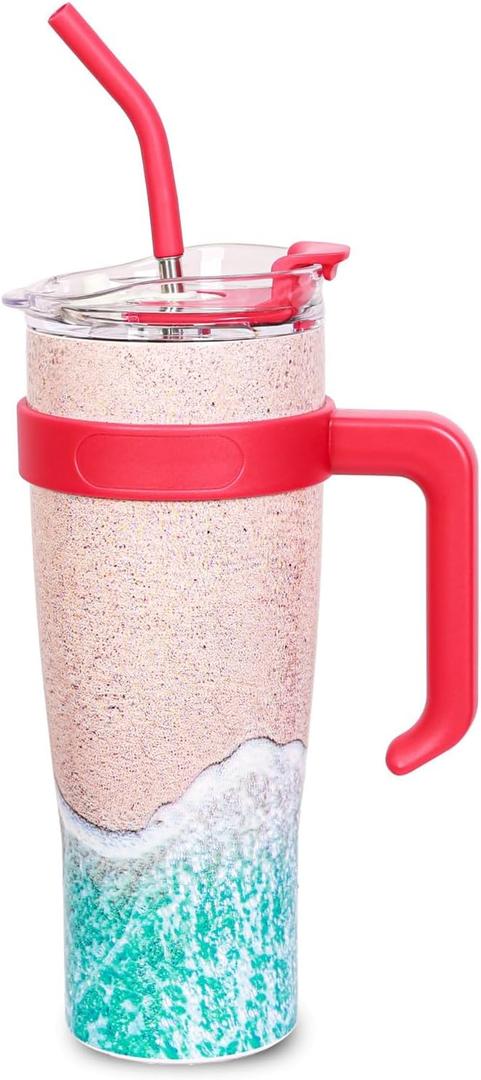 40 OZ Tumbler with Handle & Straw, Insulated Beach Cups Coffee Mug with Lid, Hot and Cold Drinks Stay Long Time, Large Travel Coffee Cup, Beach Gifts for Adult(Blue Beach, 40 OZ)