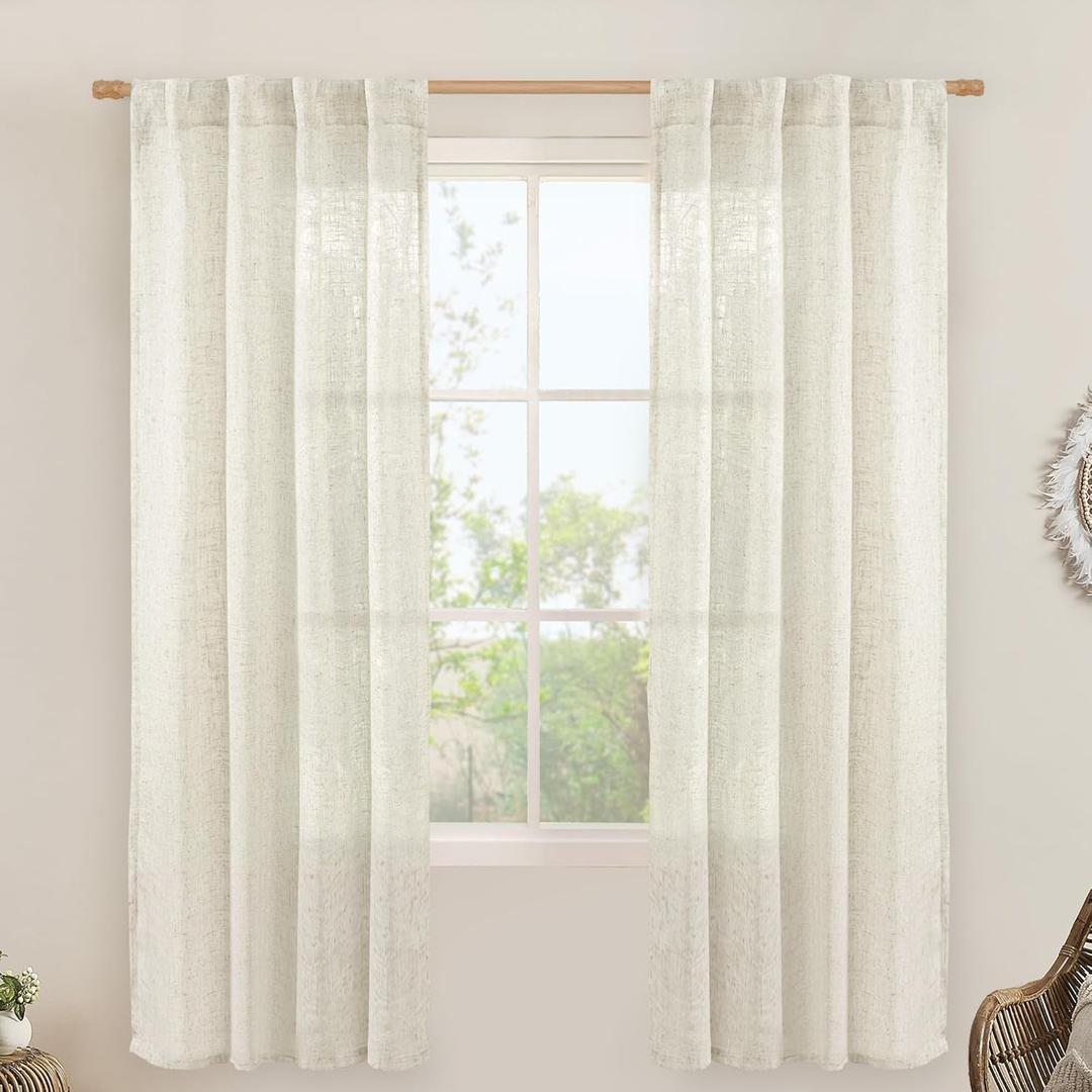 LAMIT Light Filtering Linen Curtains 72 inches Long for Bedroom, Linen Textured Semi Sheer Back Tab and Rod Pocket Natural Boho Drapes for Living Room, Natural, 2 Panels, 34 x 72 Inch
