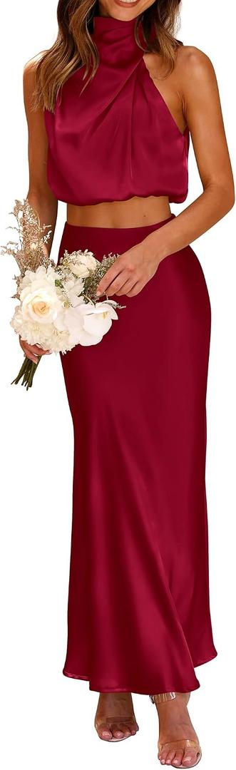 PRETTYGARDEN Women's 2 Piece Satin Outfits Summer Sleeveless Mock Neck Crop Tops and Long Skirt Dress Sets (Deep Red,Small)