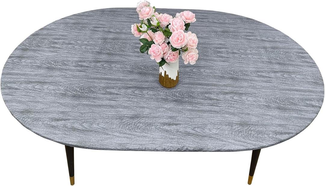 LIBERECOO Oval Fitted Vinyl Tablecloth - Fits 48 x 68 Inch Oval Table - Carbon Gray Wood - Waterproof, Elastic Edged for Secure Fit, Easy to Clean Plastic Table Cover