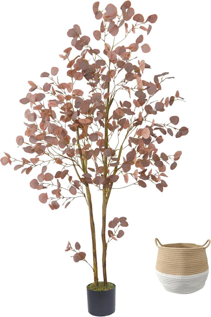 Warmplants Artificial Eucalyptus Tree, 6ft Fake Eucalyptus Plant with Basket, Red Silver Dollars Silk Leaves Faux Tree for Home Office Perfect Housewares Gift Decoration