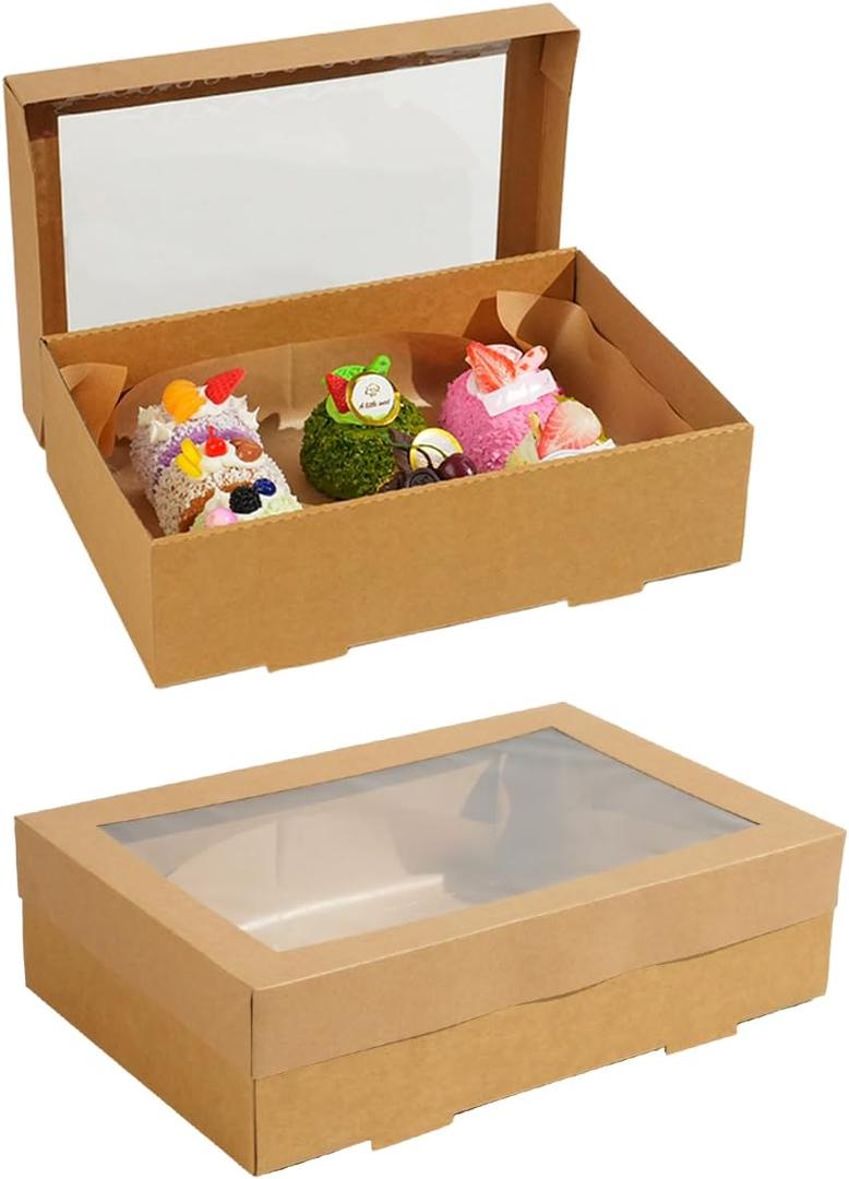 10 Pack Bakery Boxes with Window, 11.8x7.87x3.15 Inch Large Cookie Boxes, Cardboard Pastry Boxes, Take out Containers for Baking Pies, Cakes, Muffins and Pastries (S)
