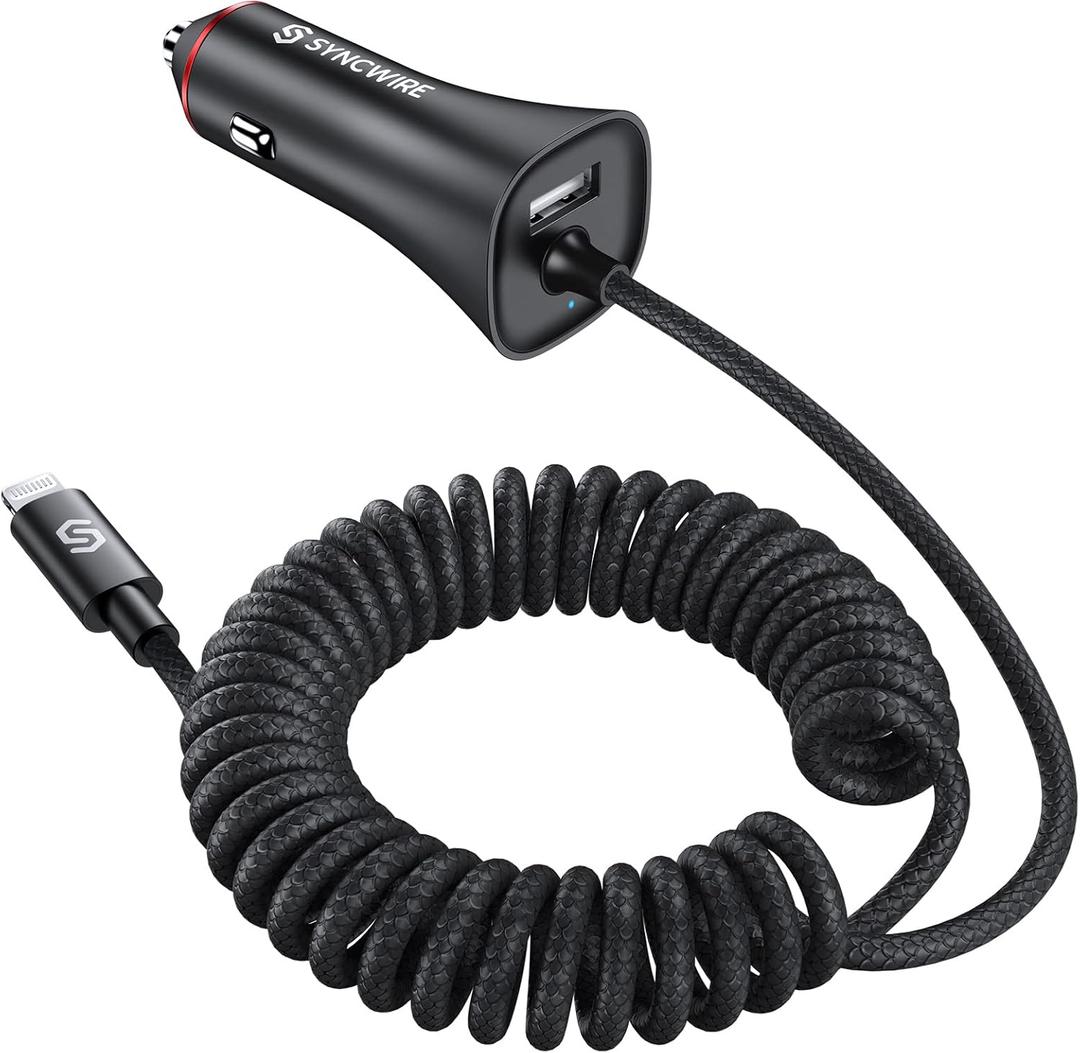 Syncwire iPhone Car Charger 32W Super Fast Car Phone Charger Cigarette Lighter USB Car Adapter with Build-in 5FT Coiled Lightning Cable for Apple iPhone 14/13/12/11/XR/Max, iPad