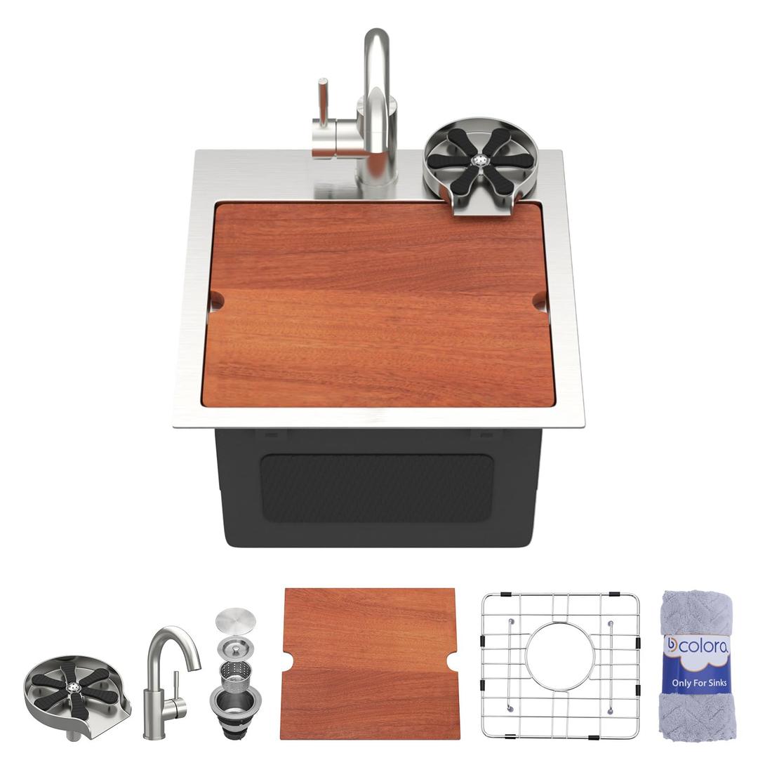 Dcolora 15"x15" Drop In Stainless Steel Bar Sink with Faucet & Cup Washer