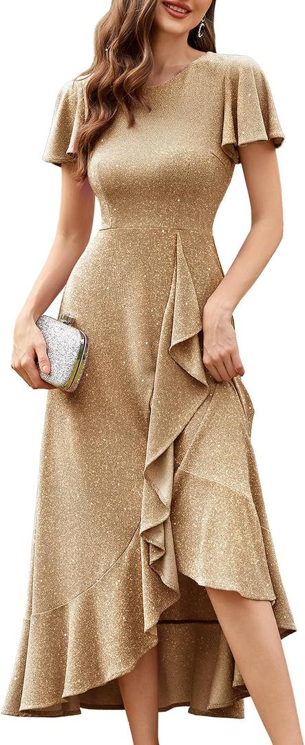 BeryLove Women Sequin Formal Party Dress Flutter Short Sleeve Wedding Cocktail Long Evening Dress (Gold, XL)