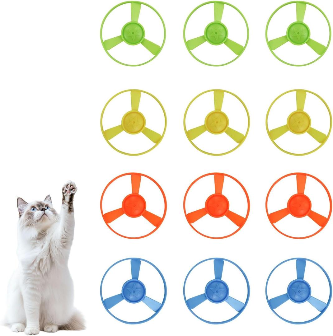 Andiker Cat Fetch Toy, Interactive Kitten Flying Disc Launcher Toy with 5 Colorful Flying Propellers for Cat Enrichment, Flying Saucer Toy for Cats for Training and Chasing (12 pcs)