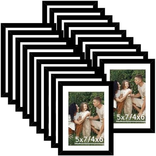 JCJMY 17 Packs 5x7 Picture Frames Bulk, Display 4x6 with Mat or 5x7 Without Mat, Black Gallery Frame Set, 5 by 7 Frames Bulk Set of 18, Collage Wall Decor Photo Frame Set for Wall and Tabletop, Black