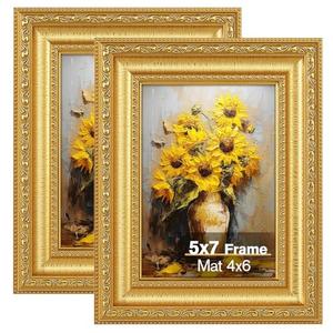 Splinterix 5x7 Gold Picture Frames Set of 2, Ornate Vintage 5 x 7 Photo Frames for Wall Decor or Tabletop Display,5 x 7 Gold Frame with Real Glass, Display 4x6 Pictures with Mat or 5x7 without Mat for Antique Déco