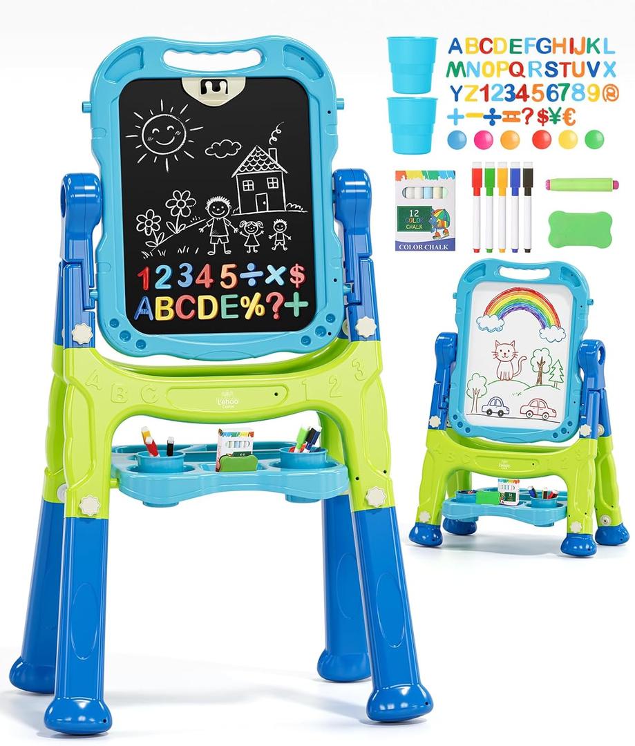 Lehoo Castle Easel for Kids, Adjustable Standing Art Easel for Kids 2-4, Magnetic Chalkboard Whiteboard with Drawing Accessories, Gifts for Toddler Boys Girls