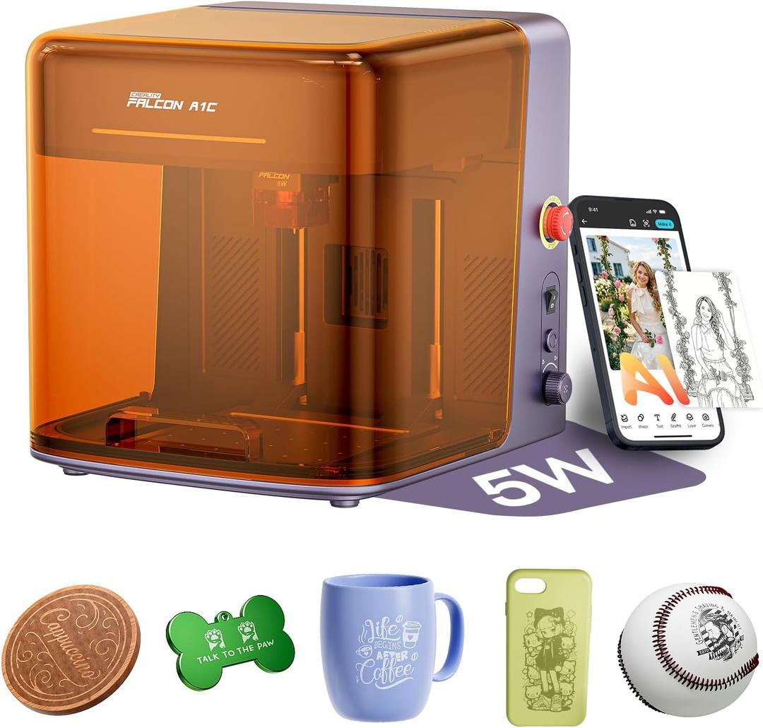 Creality Falcon A1C 5W AI Laser Engraver with AI Camera, Interchangeable Laser Platform, Class 1 Laser Engraving Machine with Auto Focus, 0.1mm Positioning, 15,000mm/min for Wood, Leather &DIY Crafts