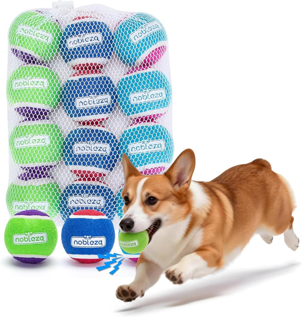 Nobleza Tennis Balls for Dogs 12 Pack, 2.5in Durable Bouncy Floatable Squeaky Tennis Balls for Dogs for Fetch & Exercise, Training Interactive Natural Rubber Squeaky Dog Ball for Small Medium Dogs