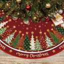 EKOREST Merry Christmas Tree Skirt 36 Inches, Red Backgrond with Trees Pencil Tree Skirt, Winter Xmas Tree Mat for Home Party Holiday Decorations