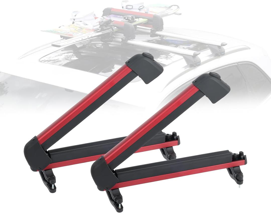 16.3 Inch Car Roof Ski & Snowboard Rack,Fishing Rod Rack, Fits 2 Pairs Skis or 2 Fishing Rods, with Anti-Theft Lock & TPV Rubber Padding, Fits Square/Round/Aero/Oval Cross Bars, Red