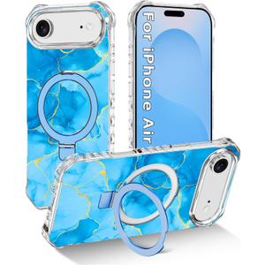for iPhone Air Case/iPhone 17 Air Case,[Compatible with MagSafe][Invisible Magnetic Ring Stand],Slim Shockproof Wavy Women Girls Cover for Apple iPhone 17 Air 6.5"(2025),Blue/Gold