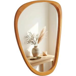 Solid Wood 30"x20" Irregular Asymmetrical Mirror, Japandi Boho Organic Shaped Decorative Accent Mirror, Small Natural Honey Walnut Wooden Wall-Mounted Mirror, Warm Walnut