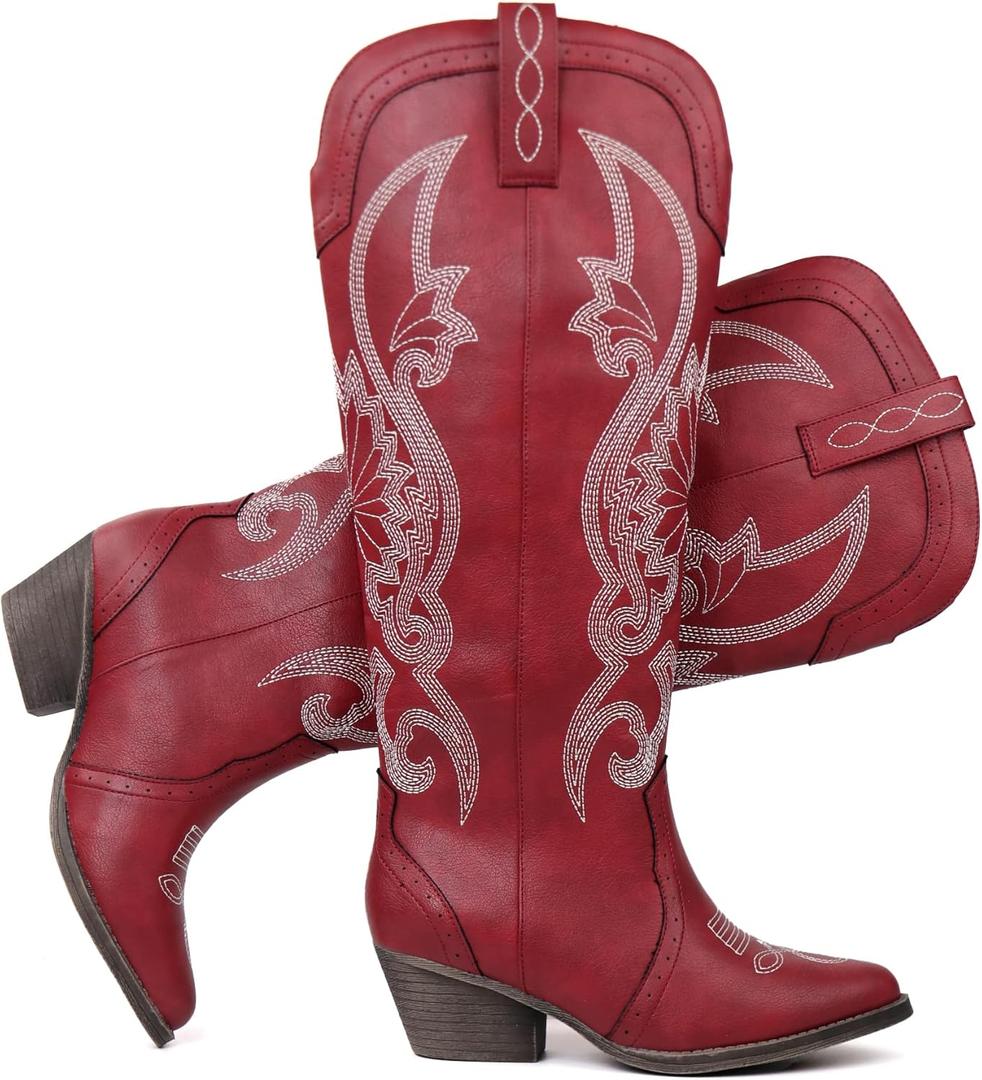 Hawkwell Women's Cowboy Cowgirl Boots Slip On Pointed Toe and Block Heel Shoes with Classic Embroidered Pull On Tall Boot for Ladies Dress Western Knee High Boots (8.5)