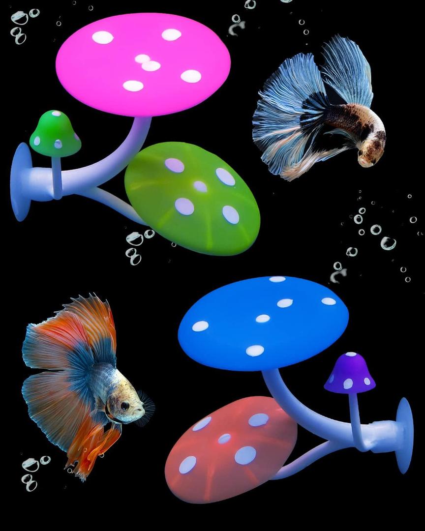 Uniclife Betta Mushroom Hammock Soft Aquarium Rest Bed Fish Breeding Playing Pad with Suction Cup Silicone Ornament Decoration Colorful Lifelike Decor for Fish Tank Landscape, 2 Pack (Pink&Blue)