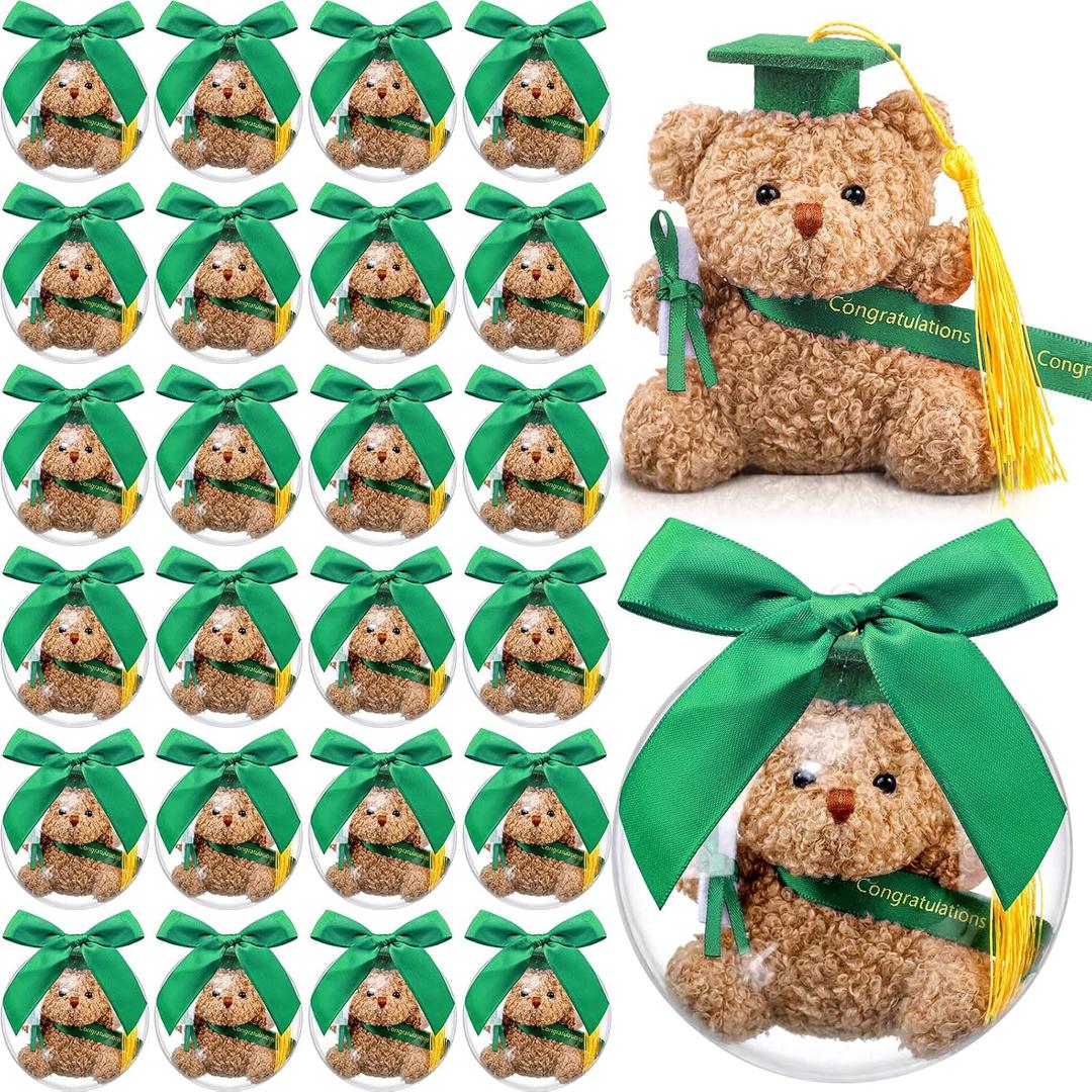 75 Pcs 2026 Mini Graduation Bear Bulk Set with 25 Graduation Gift Mini Stuffed Bears 25 Clear Plastic Fillable Ornament Balls and 25 Bow 2026 Party Favors(Green)