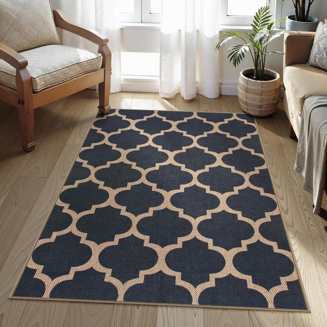 Lahome Moroccan 3x5 Outdoor Rug, Easy Jute Blue Washable Rug for Entryway Front Porch, Geometric Trellis Woven Non Slip Door Mat for Entrance, Thin Non Shedding Farmhouse Throw Rugs for Balcony