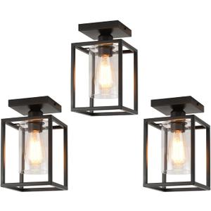 3 Pack Semi Flush Mount Ceiling Light,Black Metal Frame Ceiling Light Fixture with Clear Glass Shade, Farmhouse Light Fixture for Kitchen Island Entryway Porch Foyer
