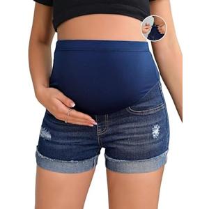 BEAUDRM Women's Maternity Adjustable High Waist Ripped Roll Up Hem Denim Mini Shorts with Pocket Size XL