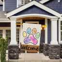 Welcome Easter Dog Paw Colorful Dots Cute Bunny Eggs Spring House Flag Large Burlap 28X40 Inch Vertical Double Sided Outside Yard Holiday Outdoor Farmhouse Decoration